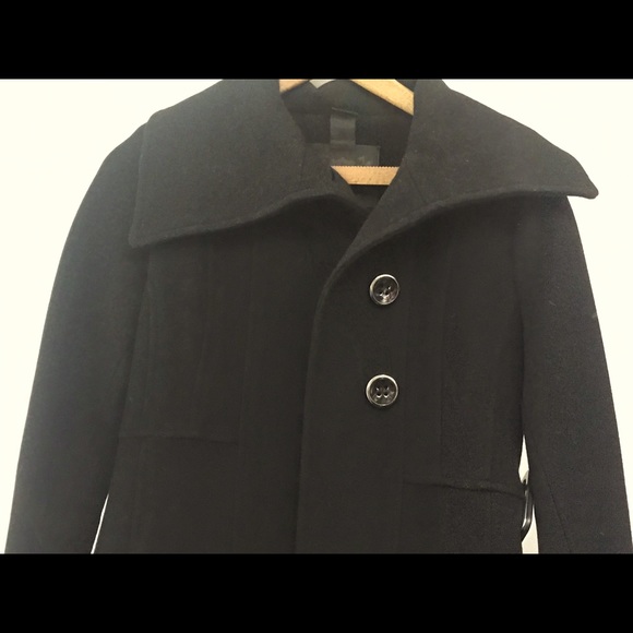 Mackage black wool pea coat with leather trim - Picture 4 of 6